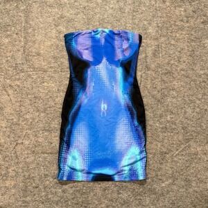 White Fox Blue Graphic Print Strapless Bodycon Mini Dress XS Cybercore Y2K